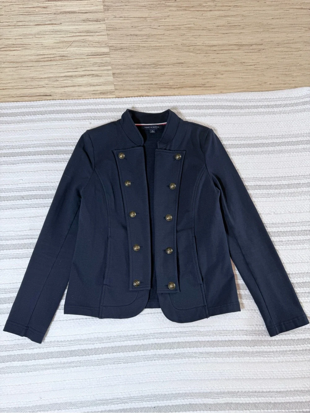 Tommy Hilfiger Military Band Jacket Navy Stand Collar Knit Blazer Gold Buttons M
